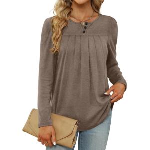imageWIHOLL Long Sleeve Tunic Tops for Women Fashion T Shirts for Girls Curved Hem Coffee XL