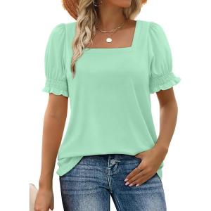 imageWIHOLL Tops for Women Summer Casual Ruffle Trim Sleeve Square Neck T Shirts1aqua