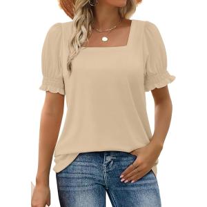 imageWIHOLL Tops for Women Summer Casual Ruffle Trim Sleeve Square Neck T Shirts1beige