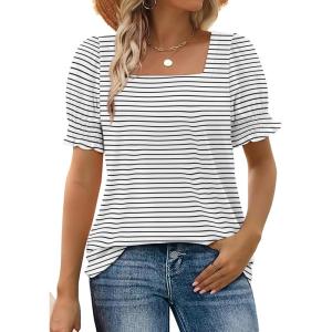imageWIHOLL Tops for Women Summer Casual Ruffle Trim Sleeve Square Neck T Shirts1blackstripe