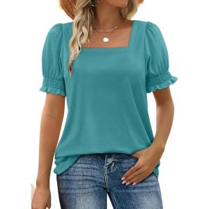 imageWIHOLL Tops for Women Summer Casual Ruffle Trim Sleeve Square Neck T Shirts1blue
