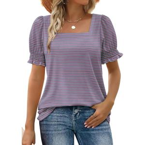 imageWIHOLL Tops for Women Summer Casual Ruffle Trim Sleeve Square Neck T Shirts1bluePink Stripe