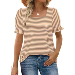 imageWIHOLL Tops for Women Summer Casual Ruffle Trim Sleeve Square Neck T Shirts1camarelstripe