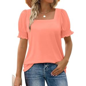 imageWIHOLL Tops for Women Summer Casual Ruffle Trim Sleeve Square Neck T Shirts1coral