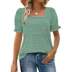 imageWIHOLL Tops for Women Summer Casual Ruffle Trim Sleeve Square Neck T Shirts1greenstripe