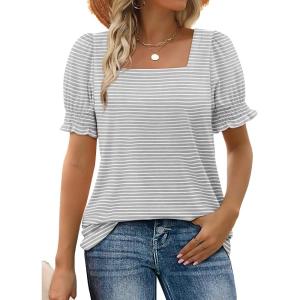 imageWIHOLL Tops for Women Summer Casual Ruffle Trim Sleeve Square Neck T Shirts1greystripe