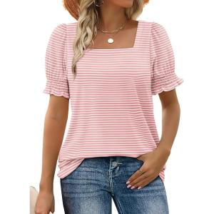 imageWIHOLL Tops for Women Summer Casual Ruffle Trim Sleeve Square Neck T Shirts1pinkstripe