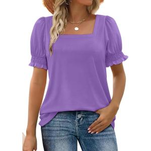 imageWIHOLL Tops for Women Summer Casual Ruffle Trim Sleeve Square Neck T Shirts1purple