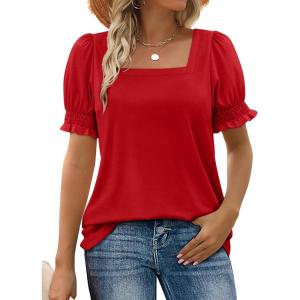 imageWIHOLL Tops for Women Summer Casual Ruffle Trim Sleeve Square Neck T Shirts1red
