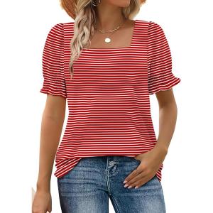 imageWIHOLL Tops for Women Summer Casual Ruffle Trim Sleeve Square Neck T Shirts1redstripe