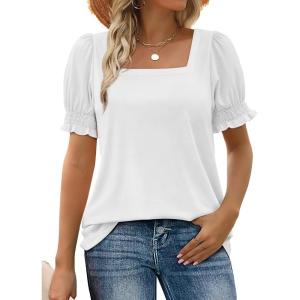 imageWIHOLL Tops for Women Summer Casual Ruffle Trim Sleeve Square Neck T Shirts1white