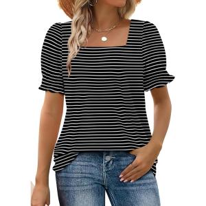 imageWIHOLL Tops for Women Summer Casual Ruffle Trim Sleeve Square Neck T Shirts1whitestripe