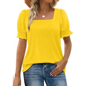 imageWIHOLL Tops for Women Summer Casual Ruffle Trim Sleeve Square Neck T Shirts1yellow