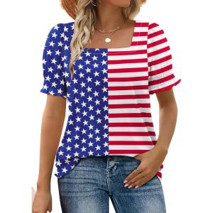 imageWIHOLL Tops for Women Summer Casual Ruffle Trim Sleeve Square Neck T Shirts2usa Flag