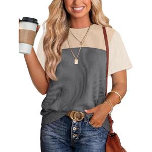 imageWIHOLL Womens Fashion 2025 Color Block Shirts Short Sleeve Crewneck Knitted Spring Summer Tops Casual TrendyBeige Gray
