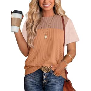imageWIHOLL Womens Fashion 2025 Color Block Shirts Short Sleeve Crewneck Knitted Spring Summer Tops Casual TrendyBeige Khaki