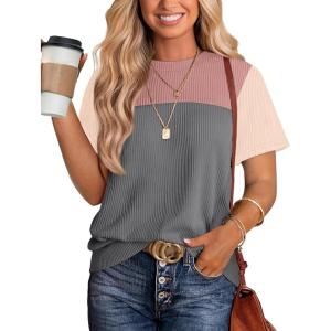 imageWIHOLL Womens Fashion 2025 Color Block Shirts Short Sleeve Crewneck Knitted Spring Summer Tops Casual TrendyPink Gray