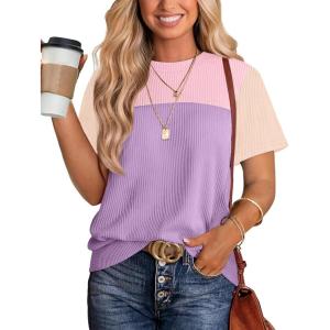 imageWIHOLL Womens Fashion 2025 Color Block Shirts Short Sleeve Crewneck Knitted Spring Summer Tops Casual TrendyPurple