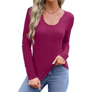 imageWIHOLL Womens Long Sleeve Shirts Basic Casual Tops Fall Fashion Slim Fitted Y2k Tops Clothes 2024Magenta