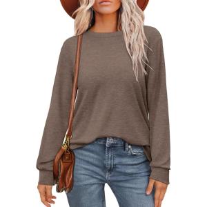 imageWIHOLL Womens Long Sleeve Shirts Loose Fits Fall Outfits Basic Casual Tunic Tops Crewneck ClothesCoffee