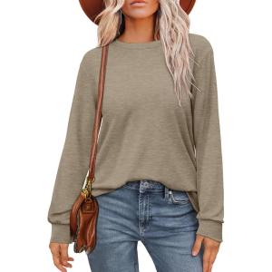 imageWIHOLL Womens Long Sleeve Shirts Loose Fits Fall Outfits Basic Casual Tunic Tops Crewneck ClothesKhaki