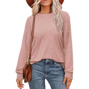 imageWIHOLL Womens Long Sleeve Shirts Loose Fits Fall Outfits Basic Casual Tunic Tops Crewneck ClothesPink