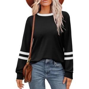 imageWIHOLL Womens Long Sleeve Shirts Loose Fits Fall Outfits Basic Casual Tunic Tops Crewneck ClothesStripes Black