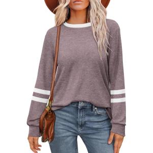 imageWIHOLL Womens Long Sleeve Shirts Loose Fits Fall Outfits Basic Casual Tunic Tops Crewneck ClothesStripes Coffee