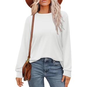 imageWIHOLL Womens Long Sleeve Shirts Loose Fits Fall Outfits Basic Casual Tunic Tops Crewneck ClothesWhite