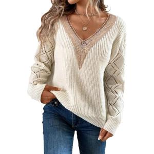 imageWIHOLL Womens Sweaters Lace V Neck Pullover Sweaters Loose Long Sleeve Tops