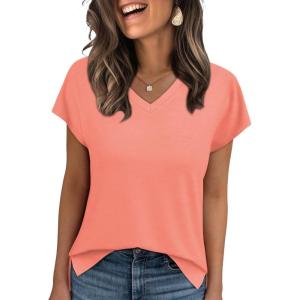 imageWIHOLL Womens Tops Basic Summer V Neck T Shirts Short Sleeve Dressy Casual Loose Fit Cute Tee Clothes Trendy Fashion Outfits0coral