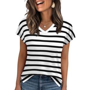 imageWIHOLL Womens Tops Basic Summer V Neck T Shirts Short Sleeve Dressy Casual Loose Fit Cute Tee Clothes Trendy Fashion Outfits1black Stripe