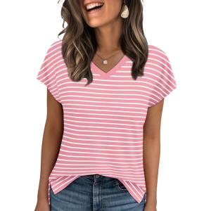 imageWIHOLL Womens Tops Basic Summer V Neck T Shirts Short Sleeve Dressy Casual Loose Fit Cute Tee Clothes Trendy Fashion Outfits1pink Stripe
