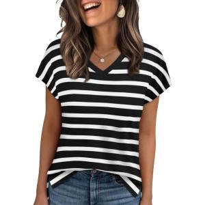 imageWIHOLL Womens Tops Basic Summer V Neck T Shirts Short Sleeve Dressy Casual Loose Fit Cute Tee Clothes Trendy Fashion Outfits1white Stripe