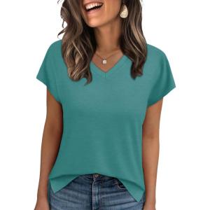 imageWIHOLL Womens Tops Basic Summer V Neck T Shirts Short Sleeve Dressy Casual Loose Fit Cute Tee Clothes Trendy Fashion Outfits2turquoise