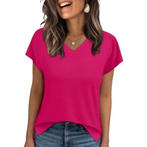 imageWIHOLL Womens Tops Basic Summer V Neck T Shirts Short Sleeve Dressy Casual Loose Fit Cute Tee Clothes Trendy Fashion Outfits3hot Pink