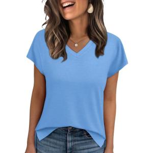 imageWIHOLL Womens Tops Basic Summer V Neck T Shirts Short Sleeve Dressy Casual Loose Fit Cute Tee Clothes Trendy Fashion Outfits3light Blue