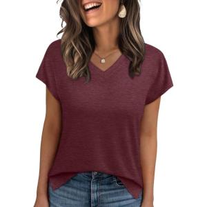 imageWIHOLL Womens Tops Basic Summer V Neck T Shirts Short Sleeve Dressy Casual Loose Fit Cute Tee Clothes Trendy Fashion Outfits3rust Red