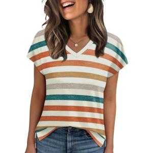 imageWIHOLL Womens Tops Basic Summer V Neck T Shirts Short Sleeve Dressy Casual Loose Fit Cute Tee Clothes Trendy Fashion Outfits4orange Striped