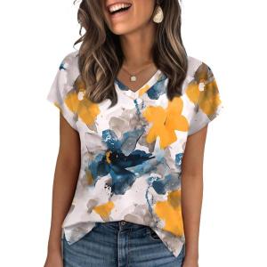 imageWIHOLL Womens Tops Basic Summer V Neck T Shirts Short Sleeve Dressy Casual Loose Fit Cute Tee Clothes Trendy Fashion Outfits4watercolor Floral