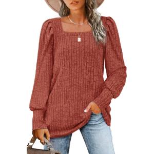 imageWIHOLL Long Sleeve Shirts for Women Trendy Casual Square Neck Tops Lightweight Sweaters01caramel