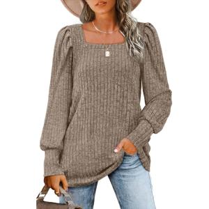 imageWIHOLL Long Sleeve Shirts for Women Trendy Casual Square Neck Tops Lightweight Sweaters02coffee