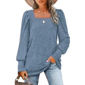 imageWIHOLL Long Sleeve Shirts for Women Trendy Casual Square Neck Tops Lightweight Sweaters04blue
