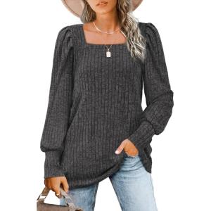 imageWIHOLL Long Sleeve Shirts for Women Trendy Casual Square Neck Tops Lightweight Sweaters05dark Grey