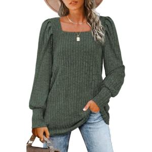 imageWIHOLL Long Sleeve Shirts for Women Trendy Casual Square Neck Tops Lightweight Sweaters06green