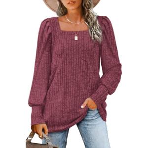 imageWIHOLL Long Sleeve Shirts for Women Trendy Casual Square Neck Tops Lightweight Sweaters07red
