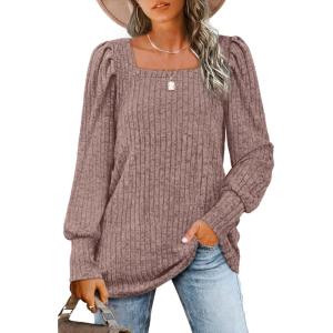imageWIHOLL Long Sleeve Shirts for Women Trendy Casual Square Neck Tops Lightweight Sweaters08pink