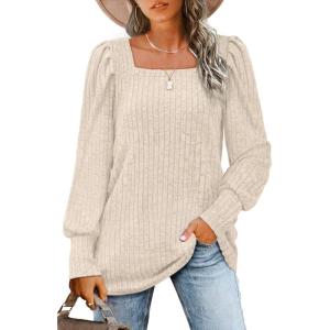 imageWIHOLL Long Sleeve Shirts for Women Trendy Casual Square Neck Tops Lightweight Sweaters10cream