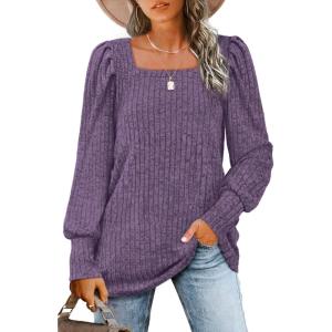imageWIHOLL Long Sleeve Shirts for Women Trendy Casual Square Neck Tops Lightweight Sweaters11purple