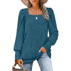 imageWIHOLL Long Sleeve Shirts for Women Trendy Casual Square Neck Tops Lightweight Sweaters12marine Blue